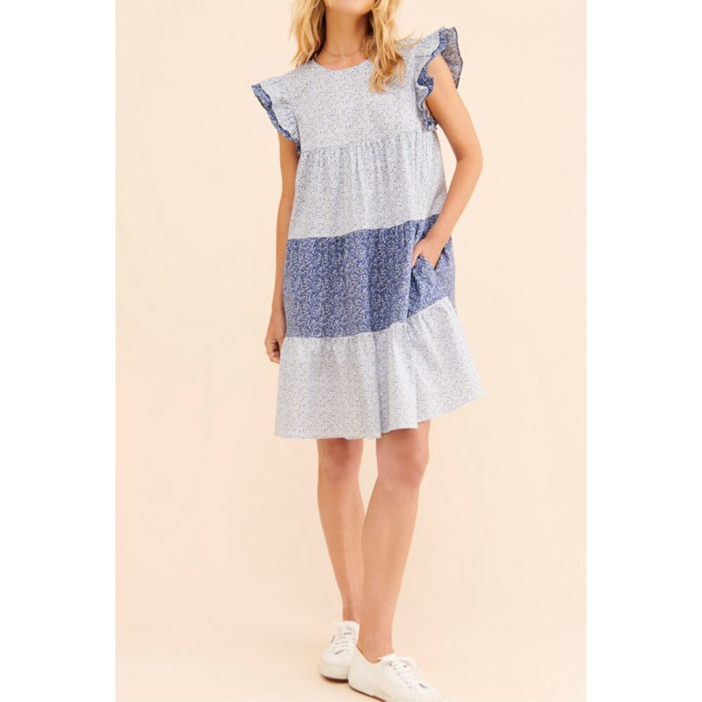 English Factory Blue Multi Floral Tiered Mini Dress Ruffle Sleeve XS NEW - Picture 2 of 7